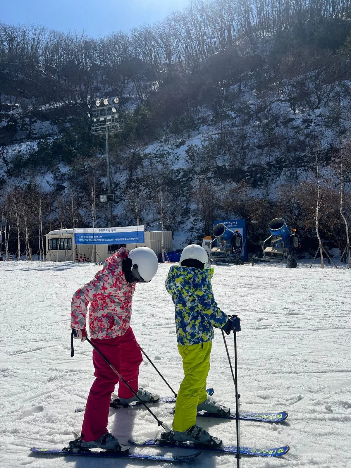 형제가 함께 스키를 배우는 모습